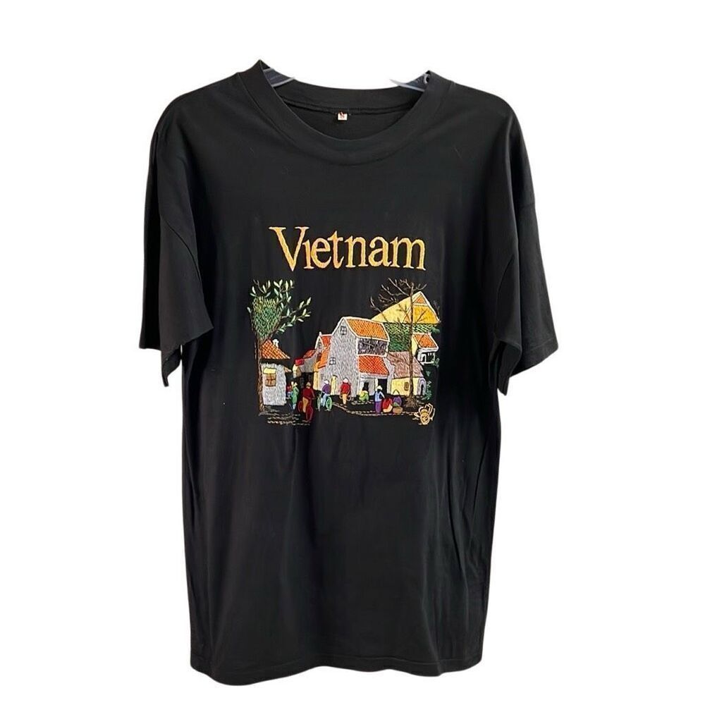Vietnam Village Embroidered Black T-shirt Size Small Colorful Artsy